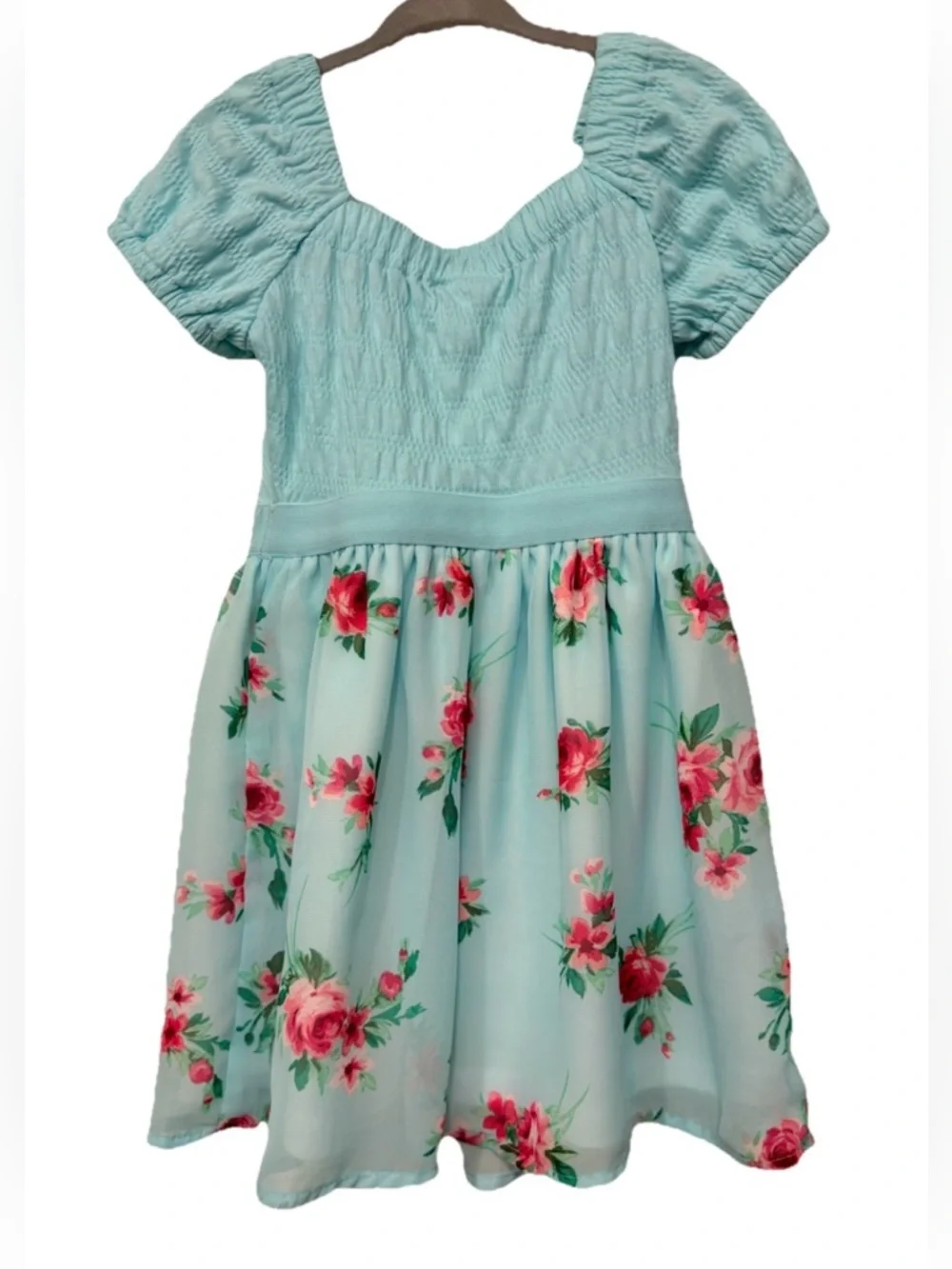 Children’s Place Aqua Pink Floral Dress Crinkle Top Elastic Girls Size 4 XS